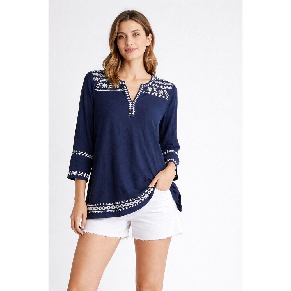 Lucky Brand Boho Embroidered Navy Tunic Top XS 3/4 Sleeve